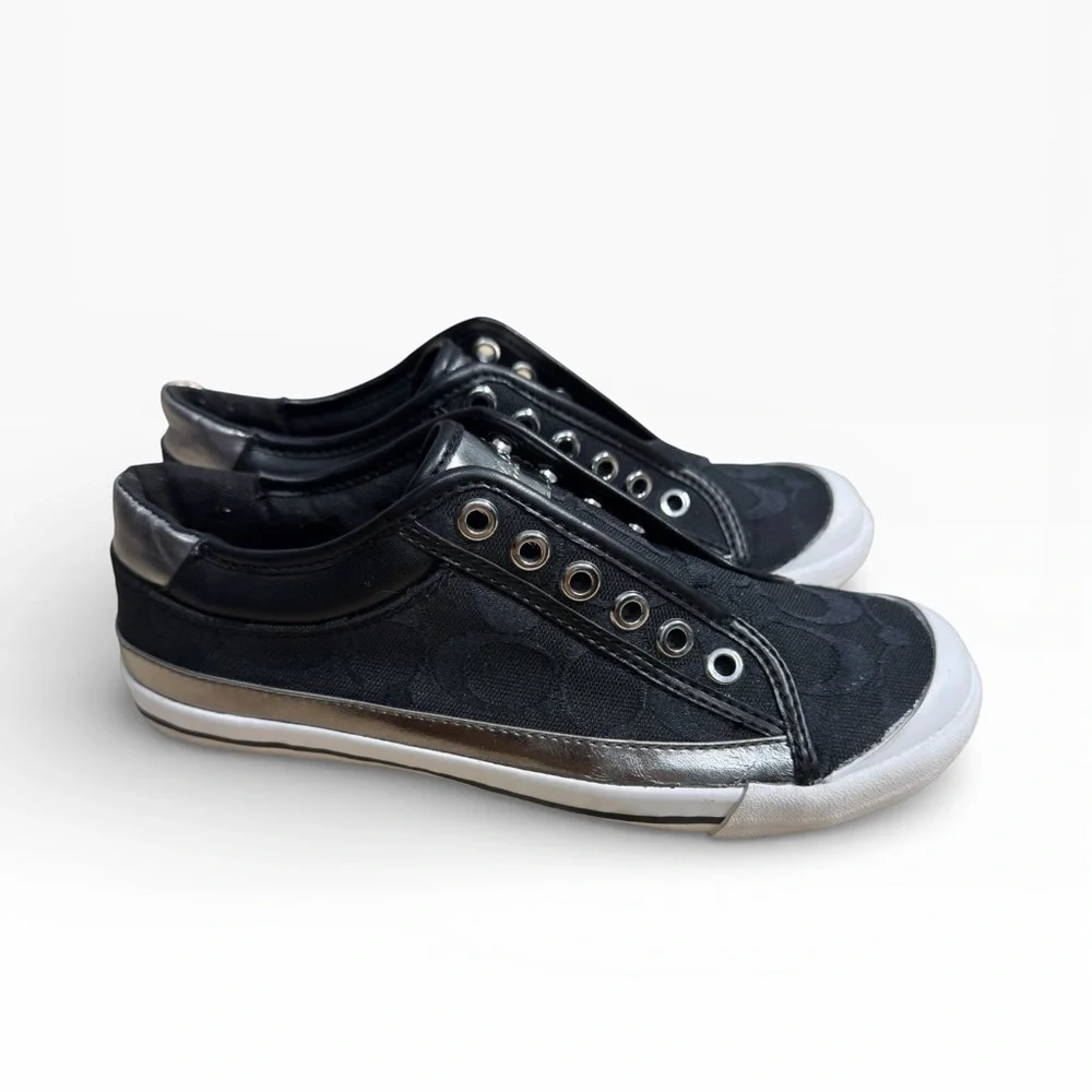 Coach Felix Signature Canvas Slip-On Sneakers Black Silver Womens Size US